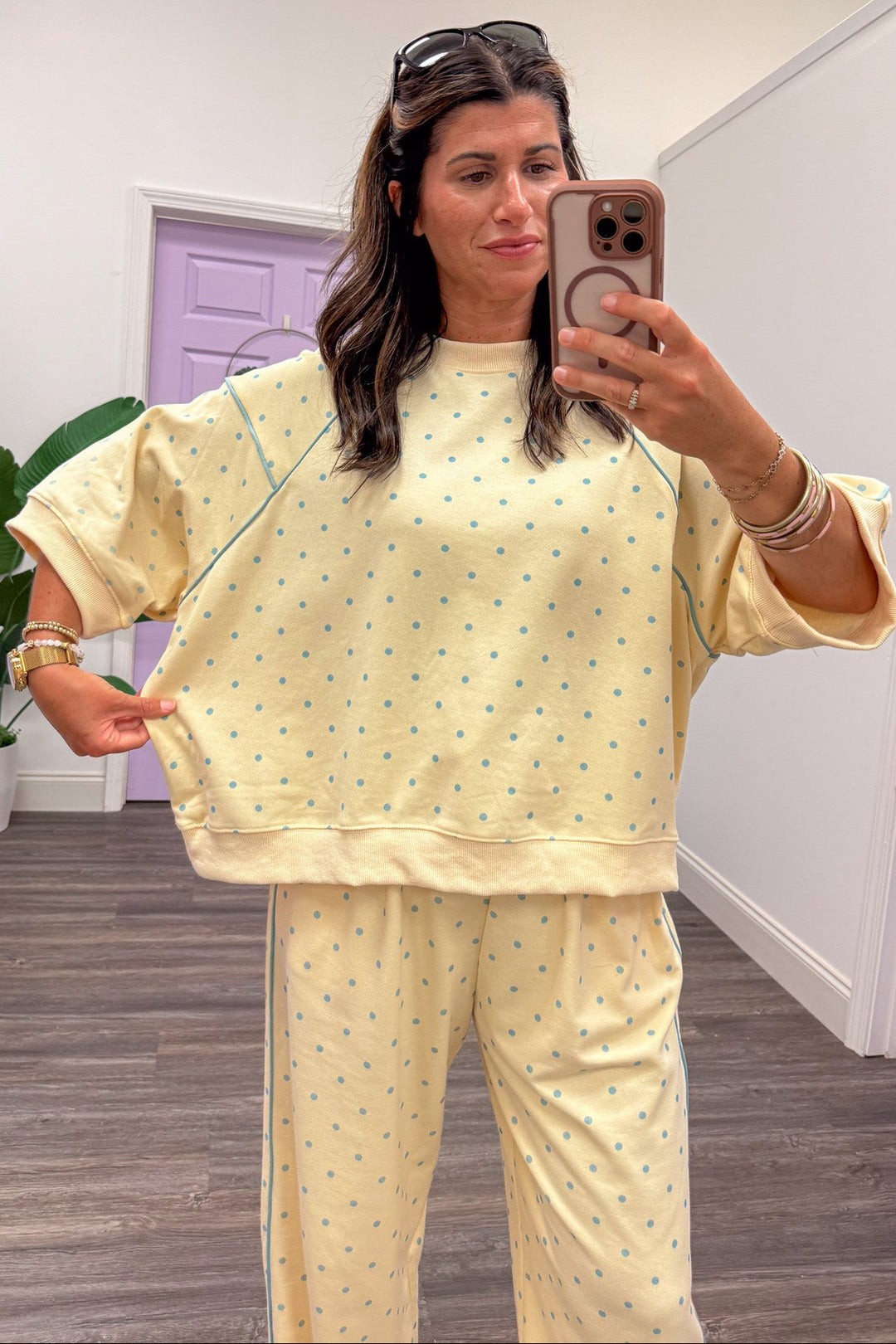 washed butter yellow with light blue polka dots short sleeve relaxed silhouette terry knit top