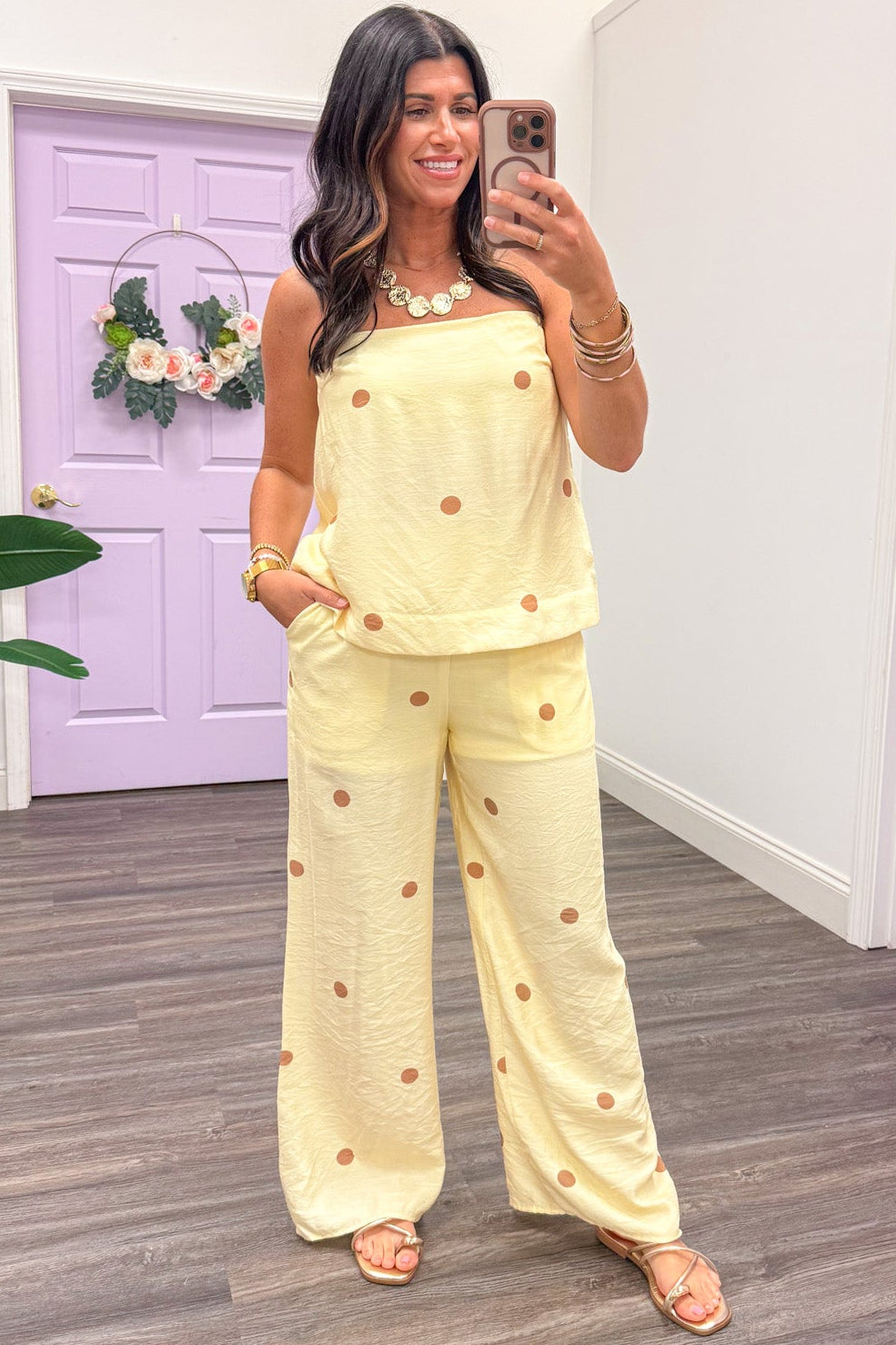 pale yellow with light brown polka dot print wide leg pants