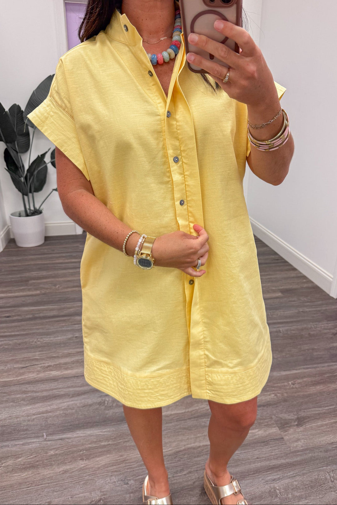 solid yellow hidden button front linen cotton blend short dress