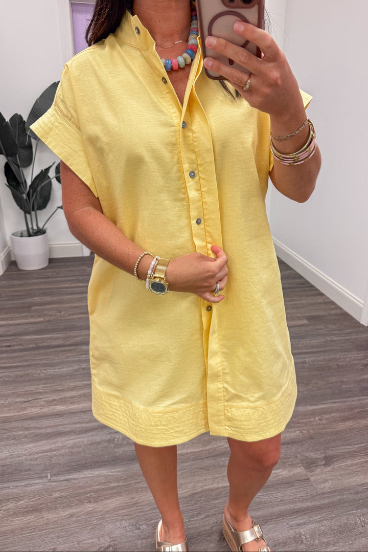 solid yellow hidden button front linen cotton blend short dress