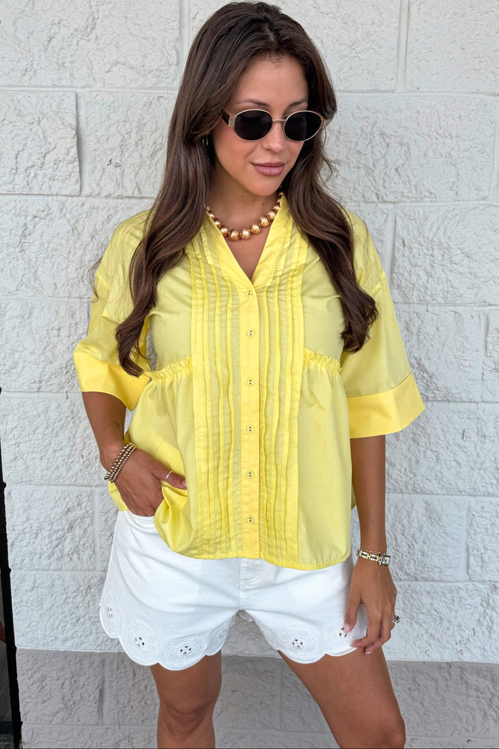 solid yellow ruched pintuck details button front short sleeve top