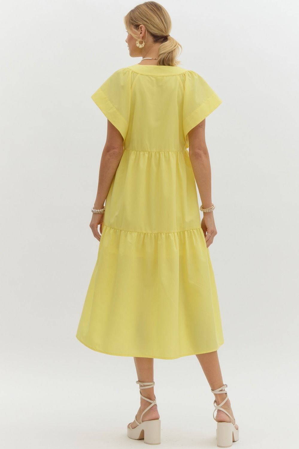 Entro Yellow button front tiered midi dress with short flutter sleeves