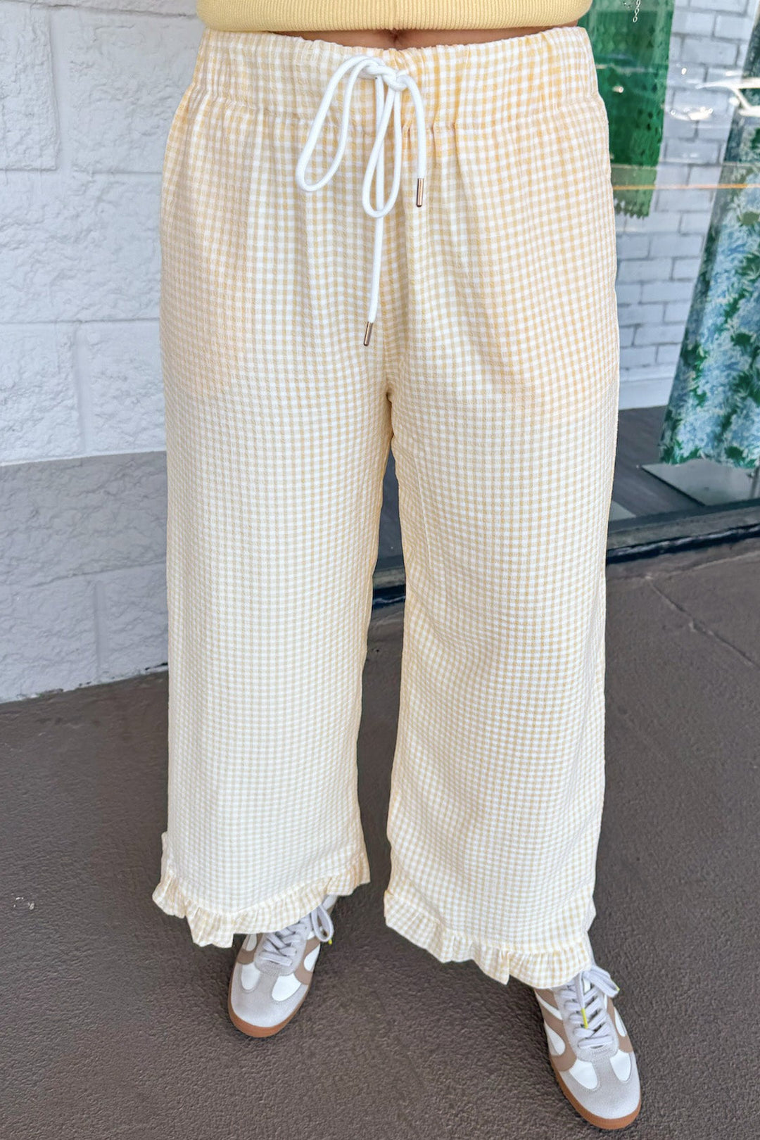 yellow and cream gingham checkered print drawstring waist wide leg textured pants