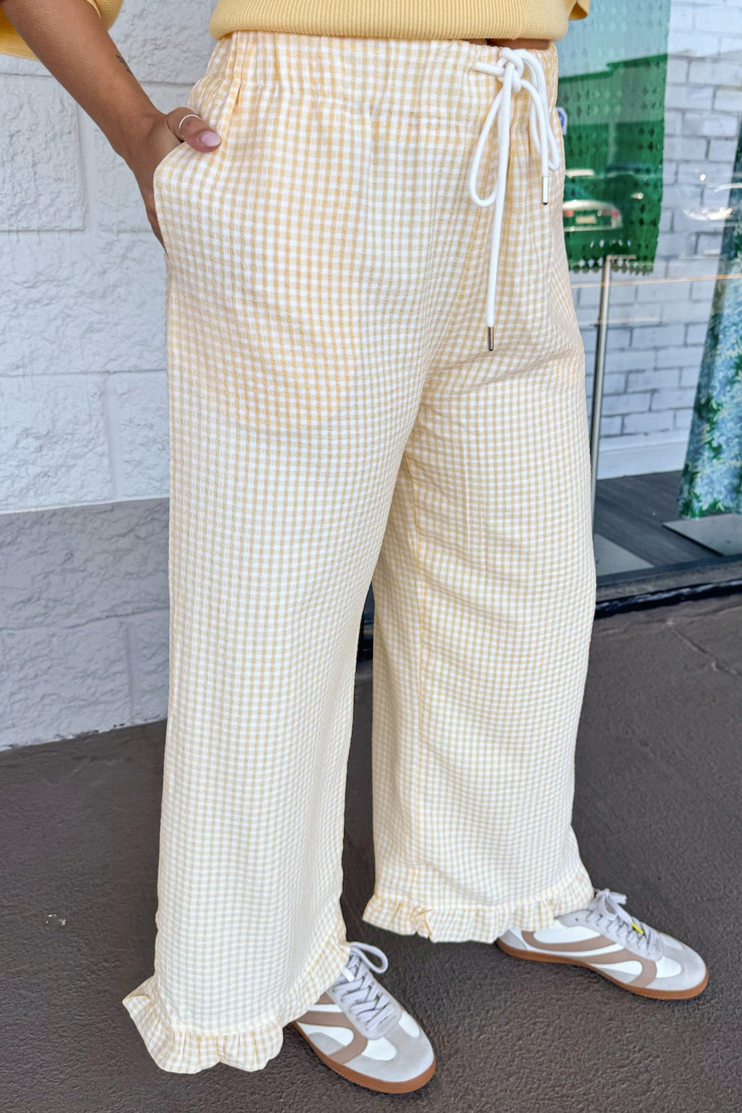 yellow and cream gingham checkered print wide leg textured pants with front pockets