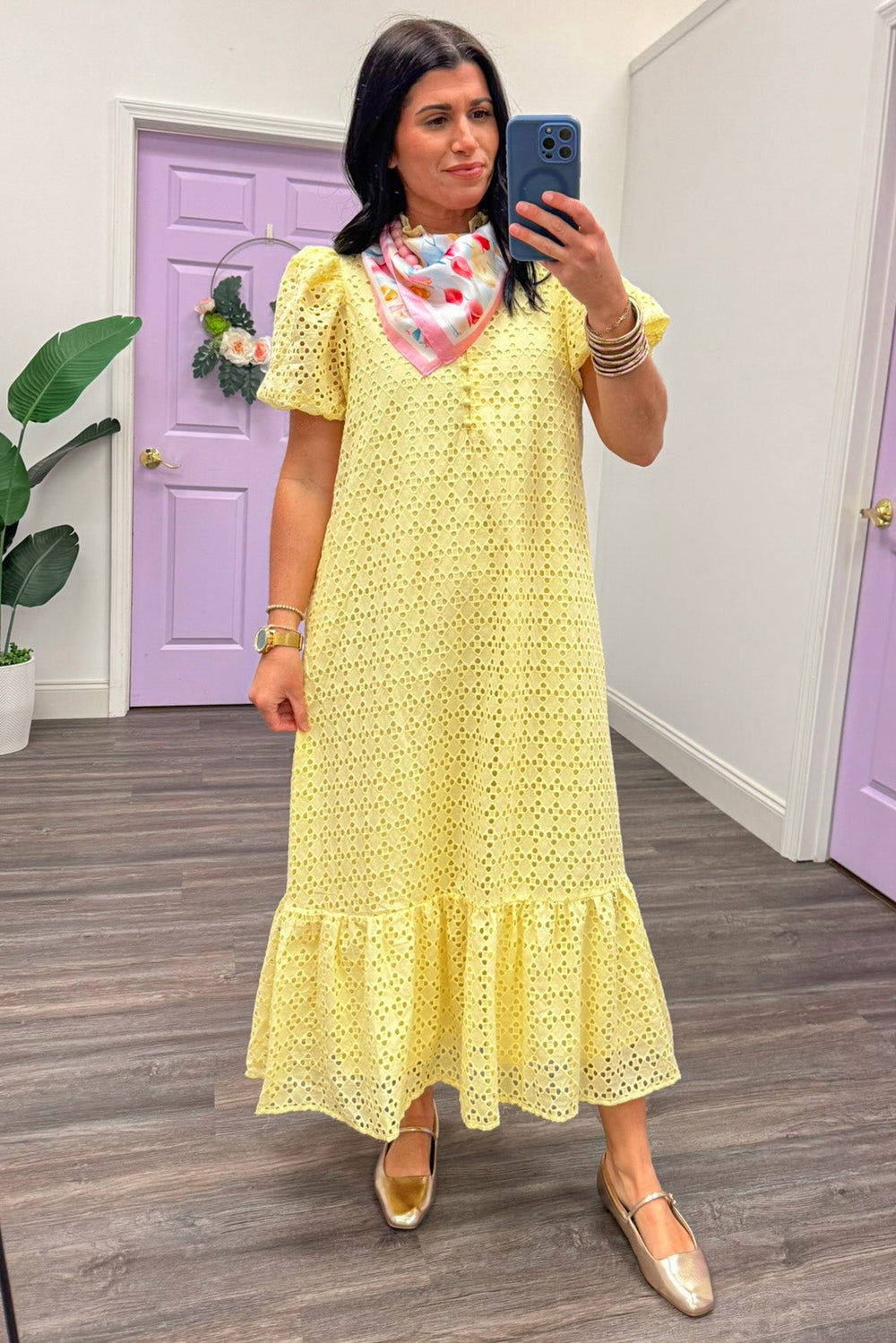 Pale yellow embroidered puff sleeve maxi dress
