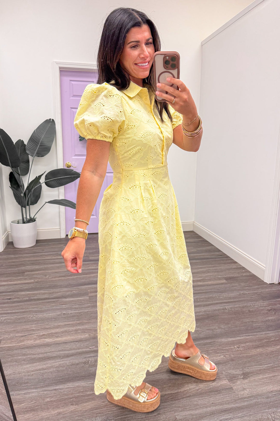 pale yellow eyelet embroidered scalloped hem midi dress side view