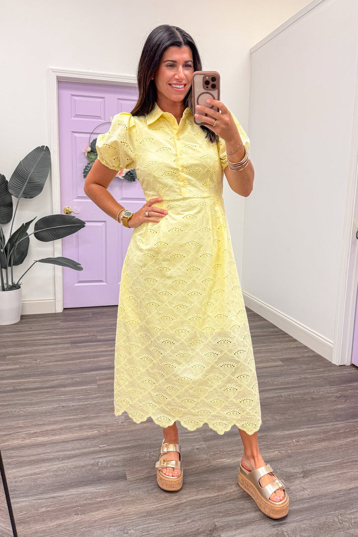 pale yellow eyelet embroidered scalloped hem midi dress