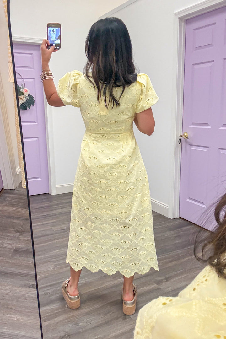 pale yellow eyelet embroidered scalloped hem midi dress back view
