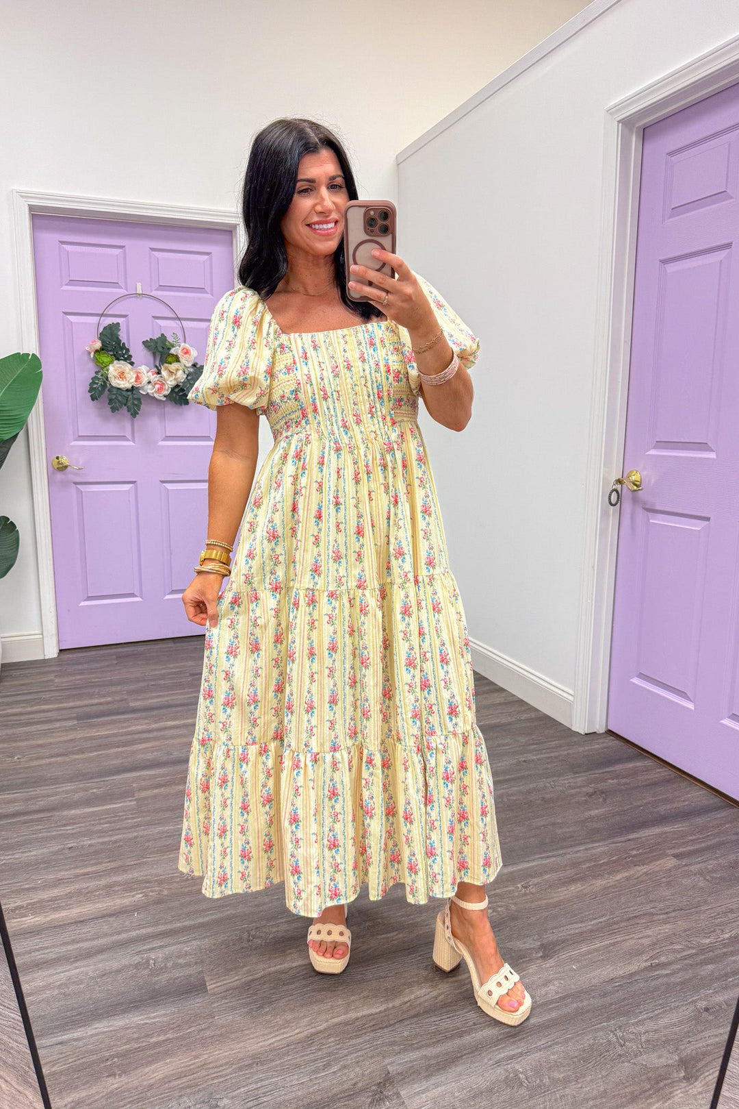 Women's spring butter yellow floral midi dress