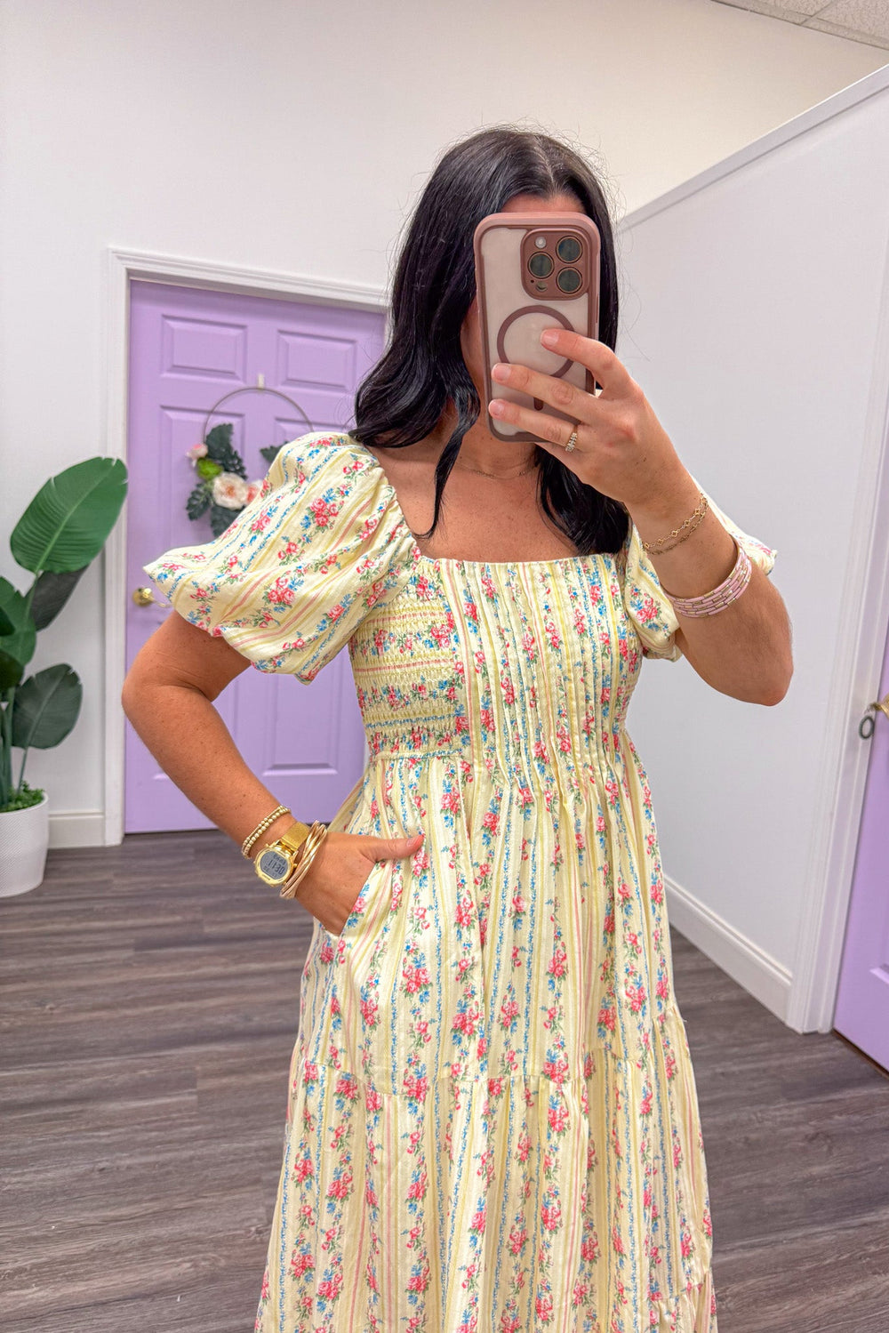 Women's spring butter yellow floral midi dress with side pockets