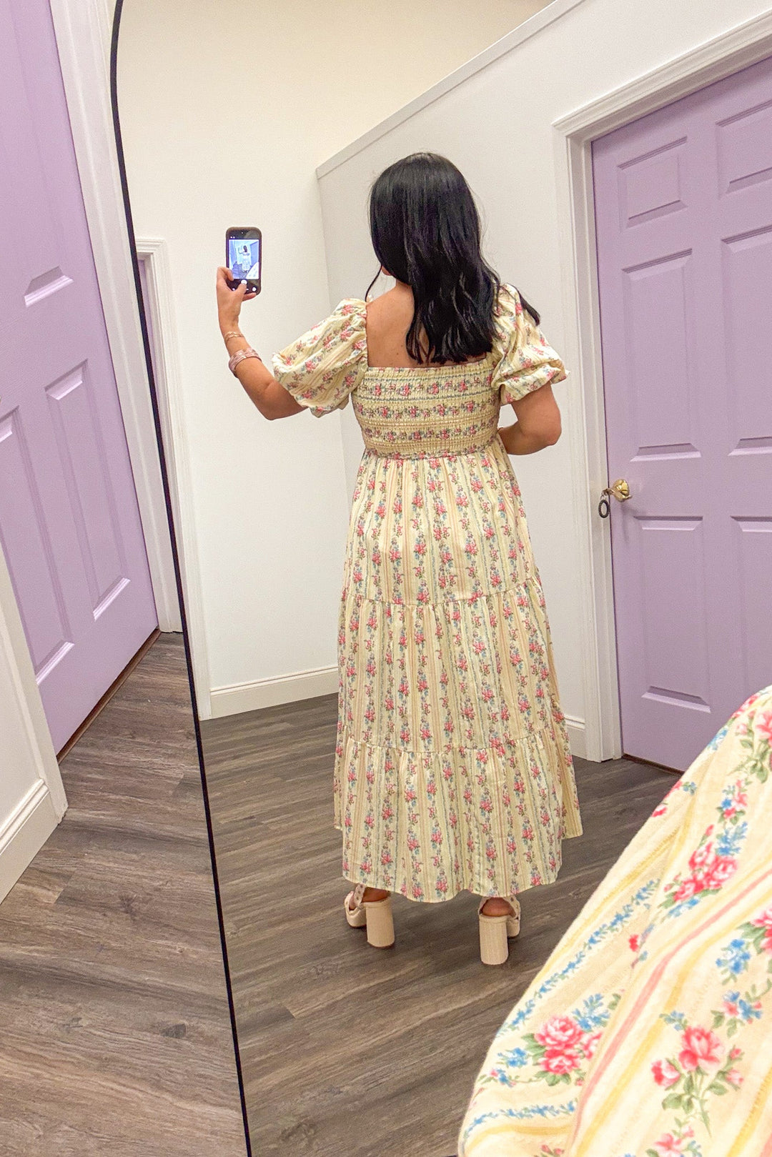 Women's spring butter yellow floral midi dress, perfect for all ages