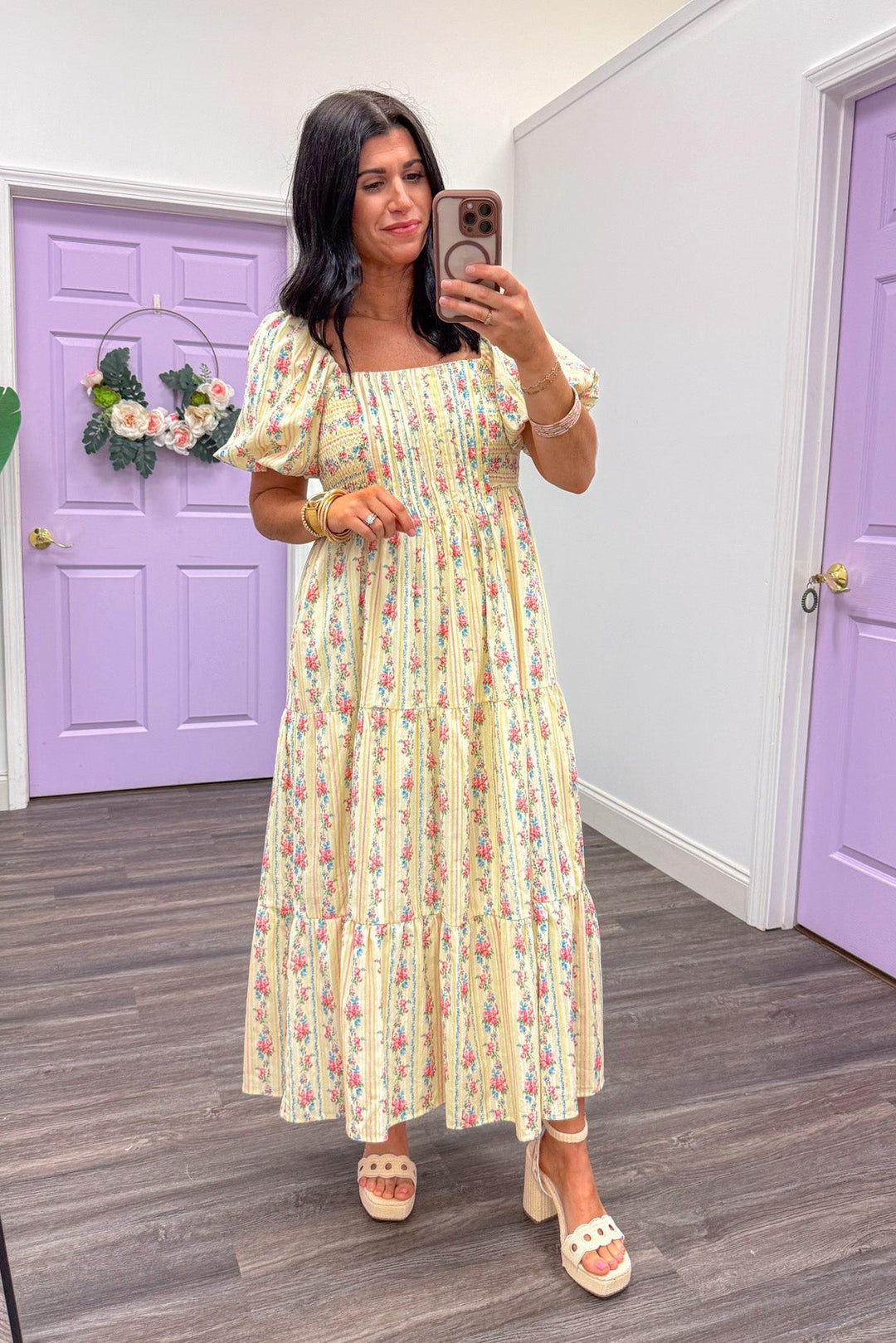 Women's Easter butter yellow floral midi dress