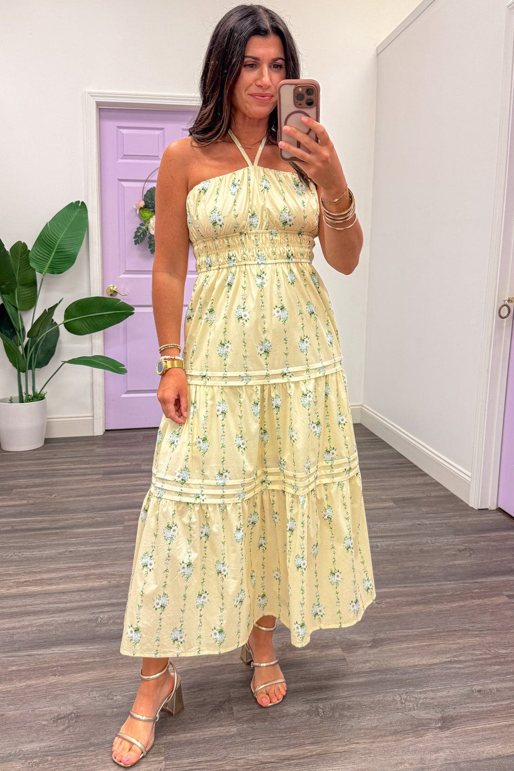 yellow green and blue floral print ruffle tiered flowy halter midi dress