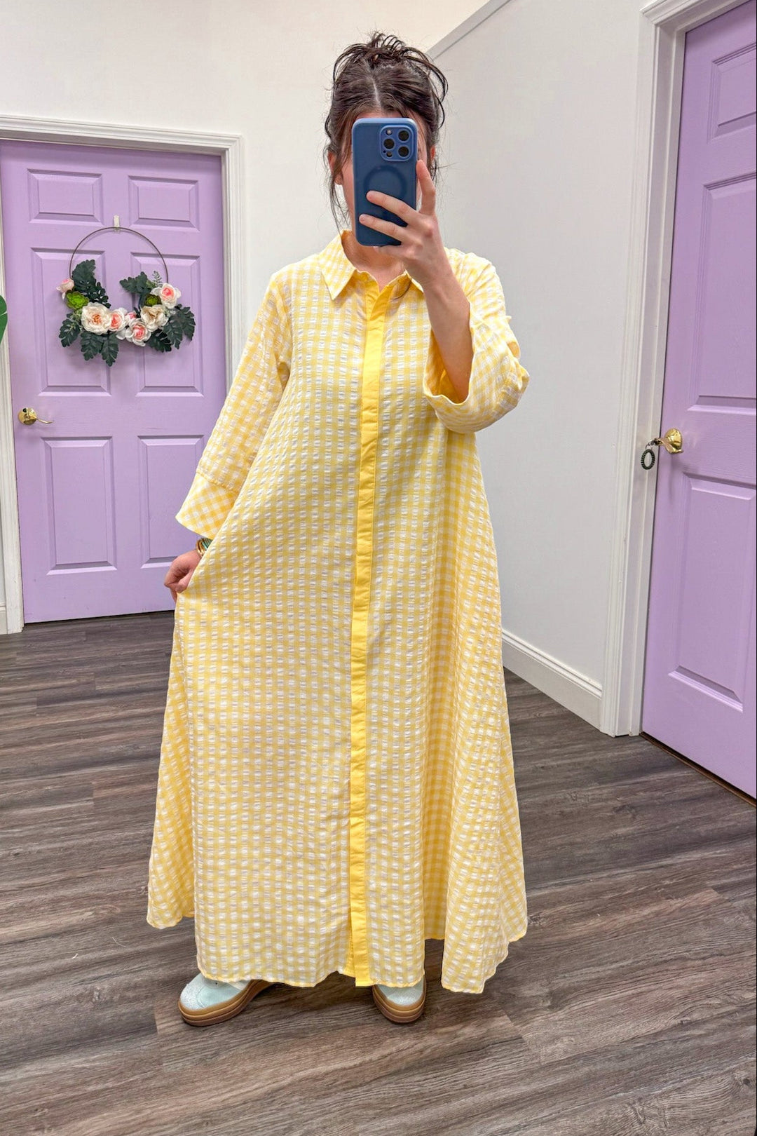 Women's yellow and white gingham midi dress with hidden button front by Entro