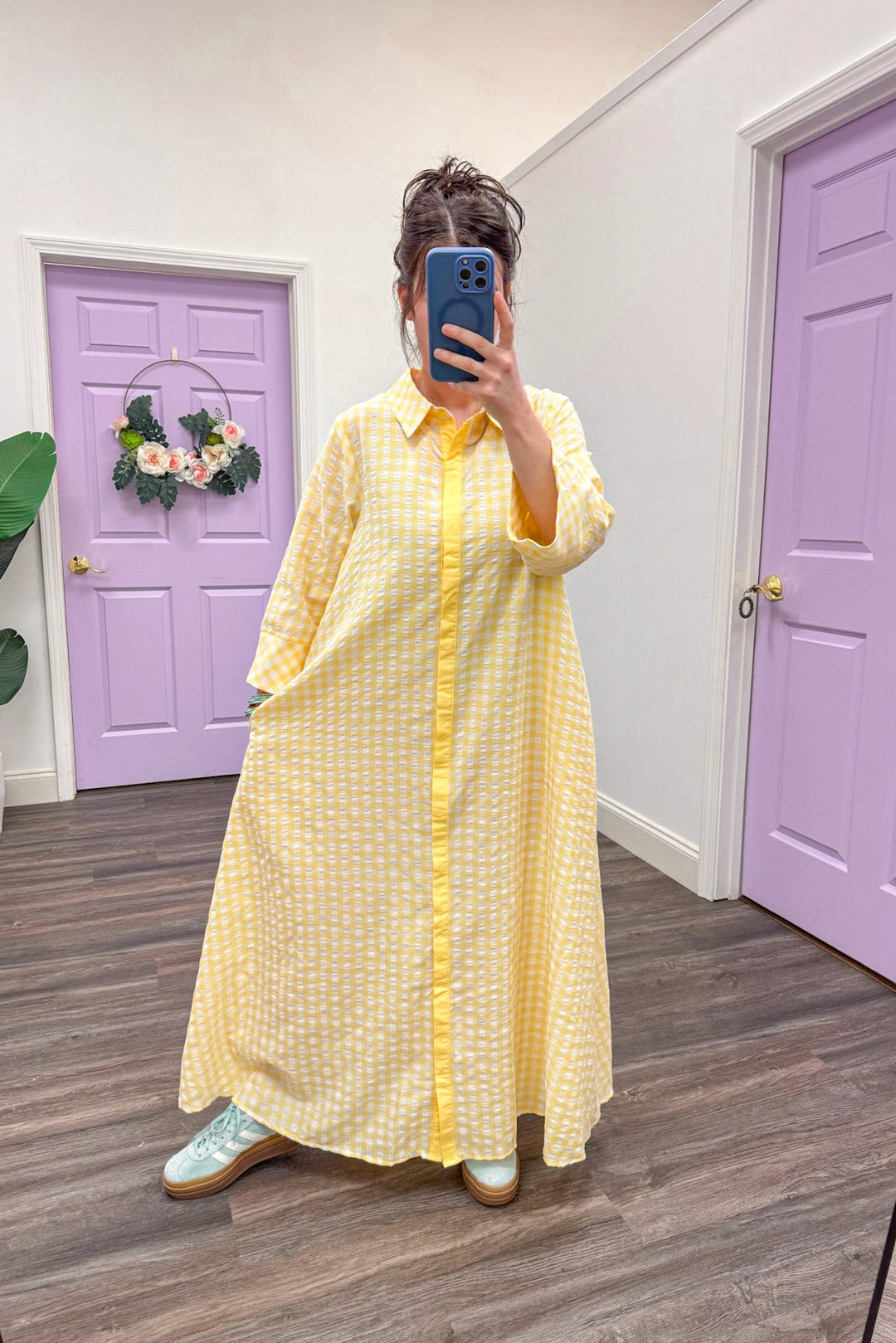 Women's trendy yellow and white gingham midi dress by Entro, perfect for Easter
