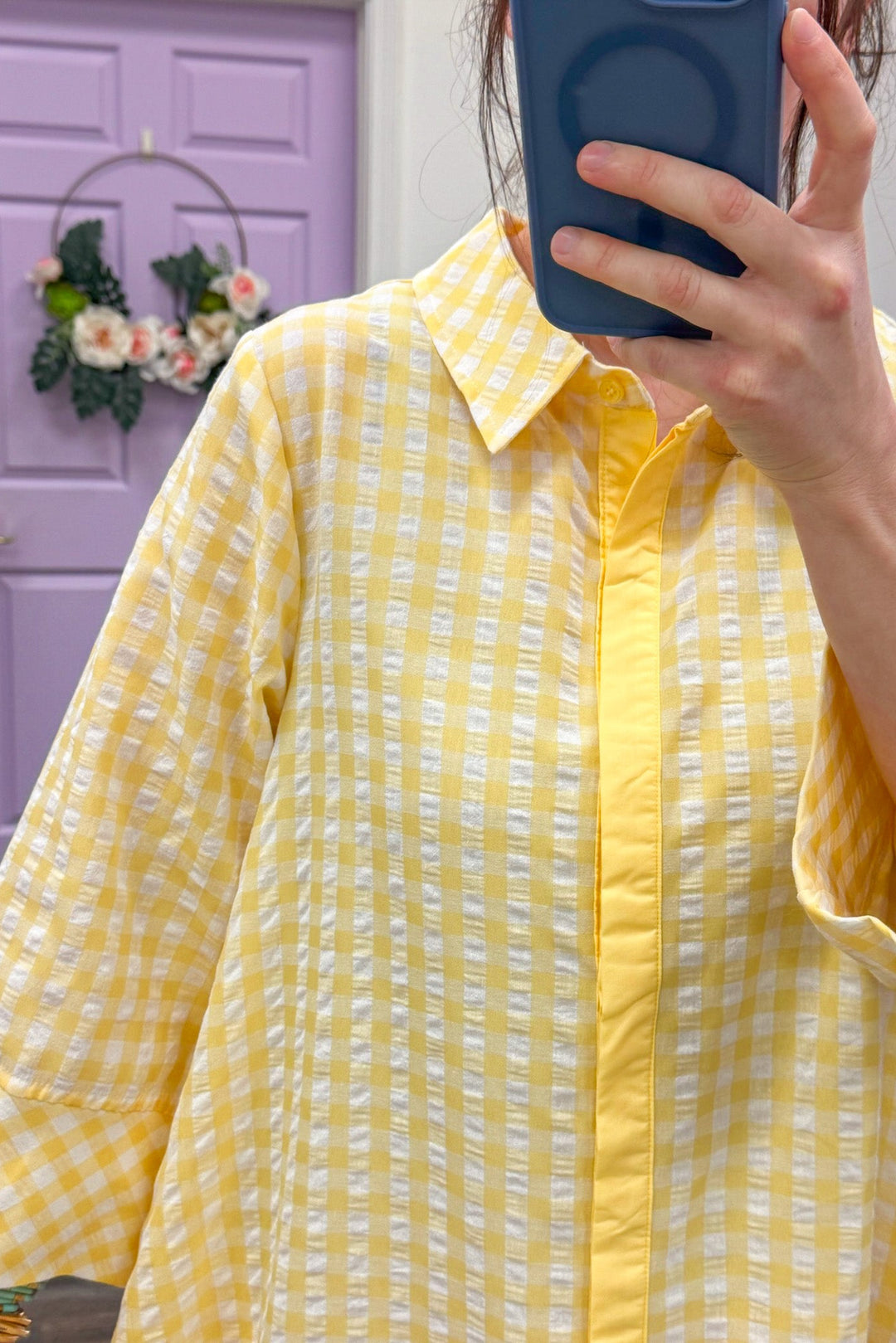 Women's yellow and white midi dress by Entro showing trendy gingham pattern for Spring