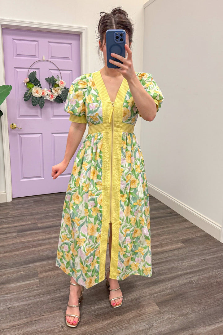Women's yellow and green floral print dress with front zip detail