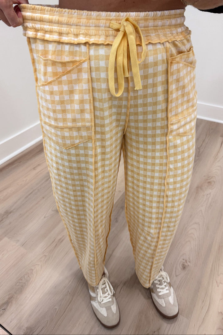 banana yellow and ivory gingham checkered print drawstring elastic waist knit barrel leg pants
