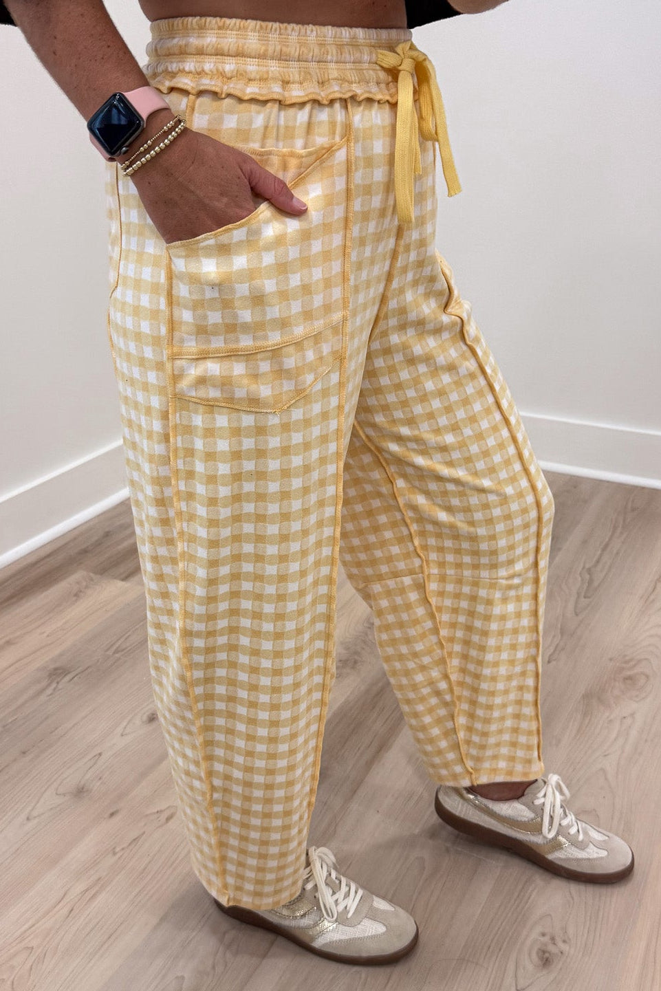 banana yellow and ivory gingham checkered print knit barrel leg pants with layered front pockets