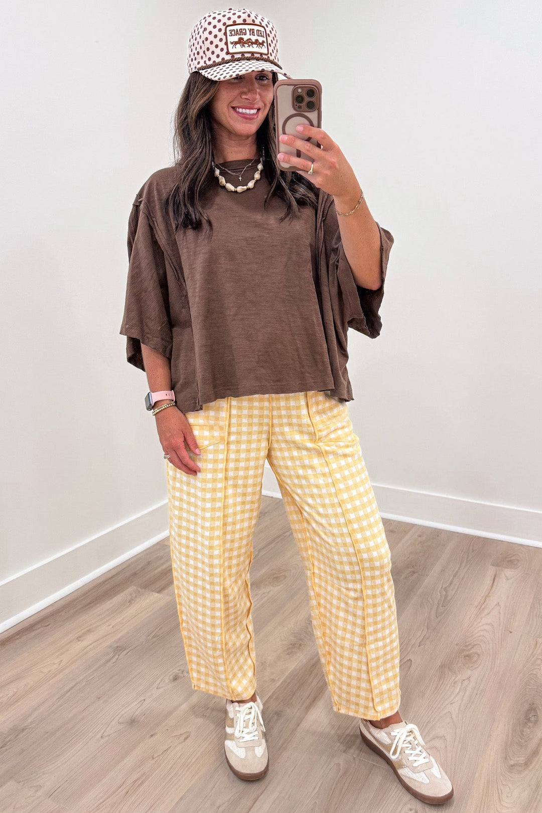 banana yellow and ivory gingham checkered print knit relaxed barrel leg pants