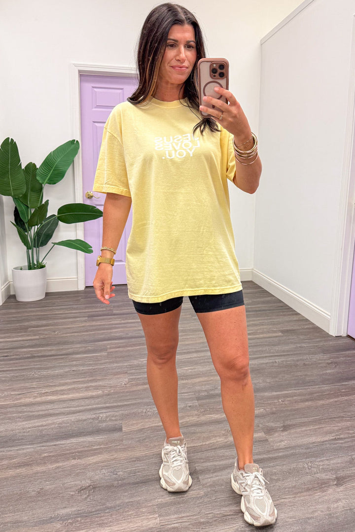 yellow green jesus loves you graphic short sleeve crew neckline t-shirt