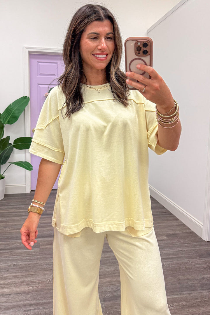 washed butter yellow crew neckline top and pants matching knit loungewear set