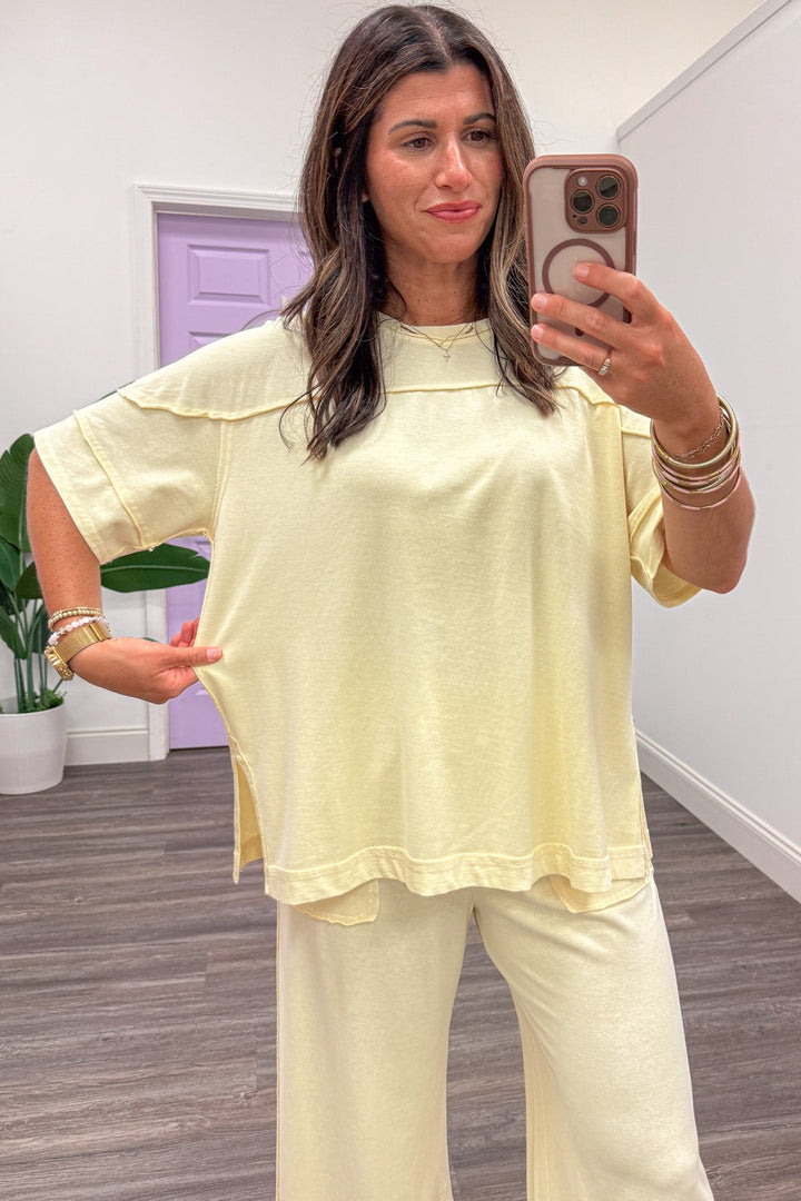 washed butter yellow relaxed silhouette top and pants matching knit loungewear set