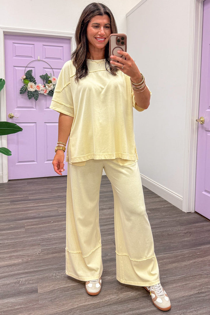 washed butter yellow top and pants matching knit loungewear set