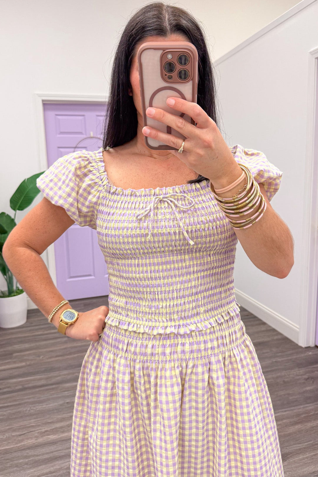 pale yellow and lavender gingham print puff sleeve smocked top
