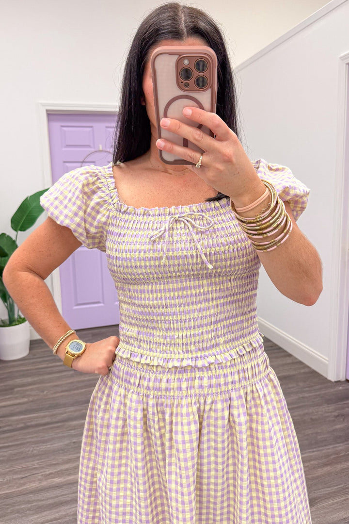 pale yellow and lavender gingham print puff sleeve smocked top