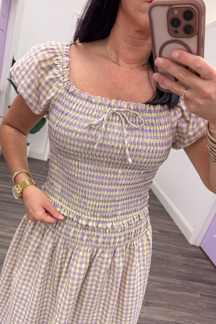 yellow and lavender gingham ruffle trim bow tie detail puff sleeve top