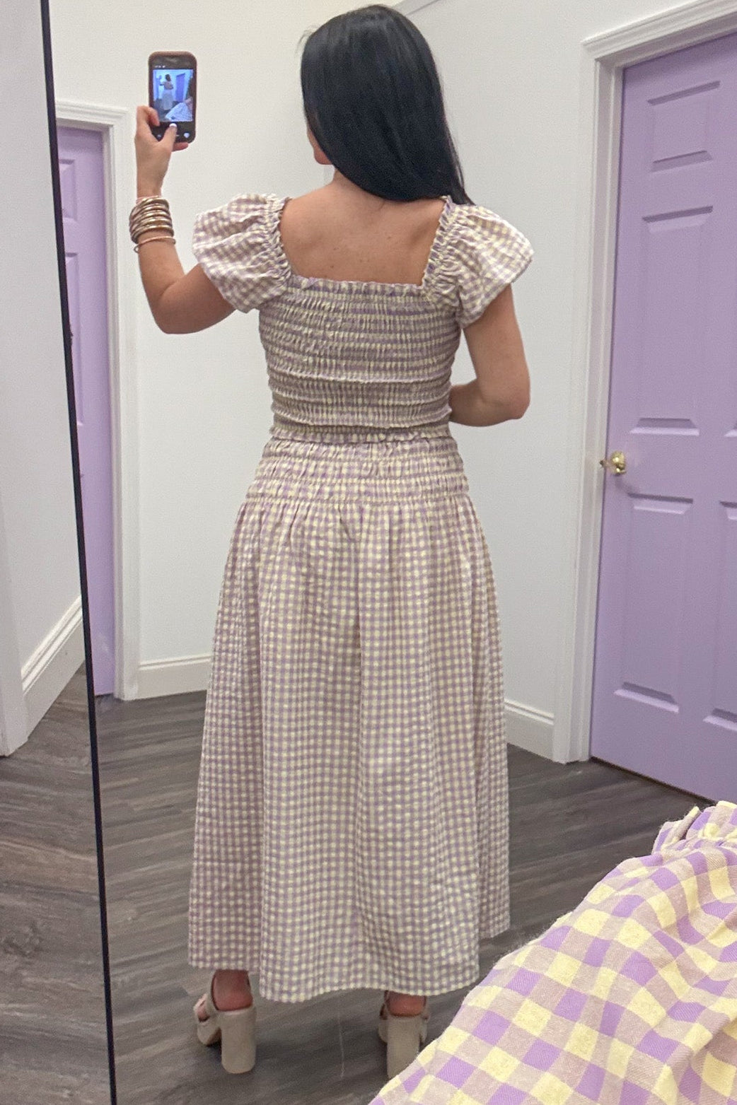 yellow and lavender gingham puff sleeve square neckline smocked top