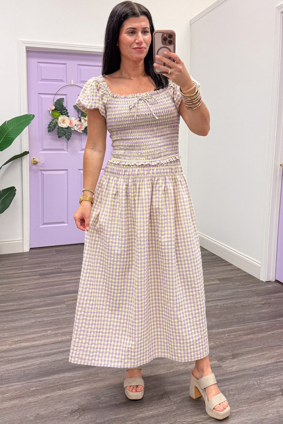 pale yellow and lavender gingham print puff sleeve smocked semi cropped top