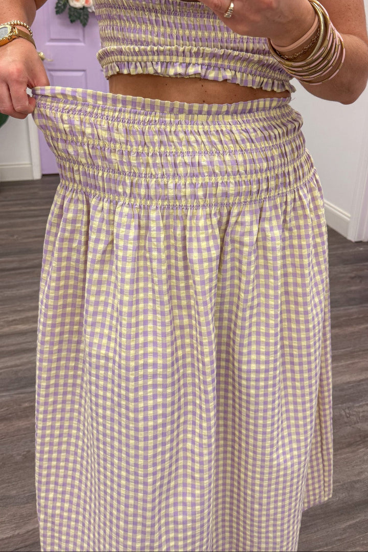 pale yellow and lavender gingham print wide smocked waist midi skirt