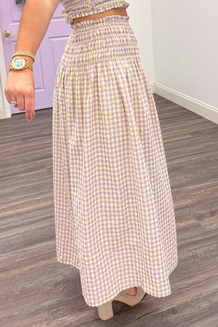 pastel yellow and lavender gingham print flowy midi skirt