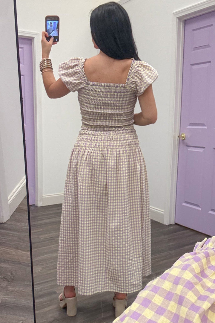 pale yellow and lavender gingham smocked midi skirt back view
