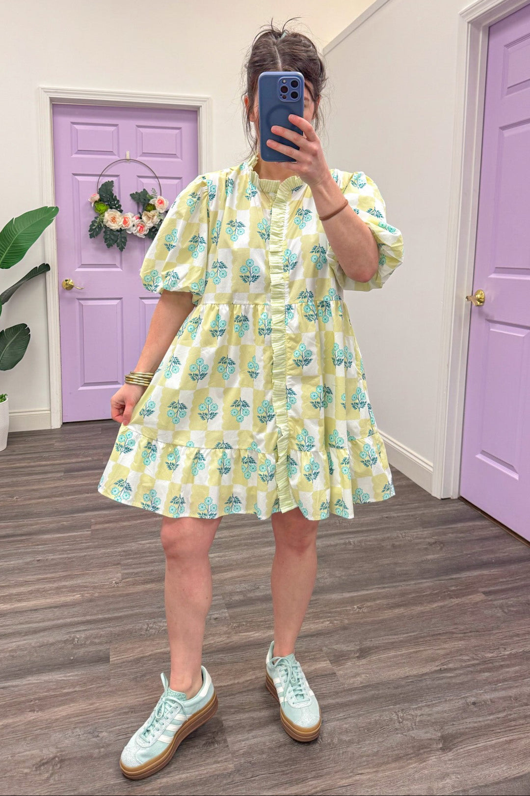 chartreuse mint floral print ruffle collar knee length dress