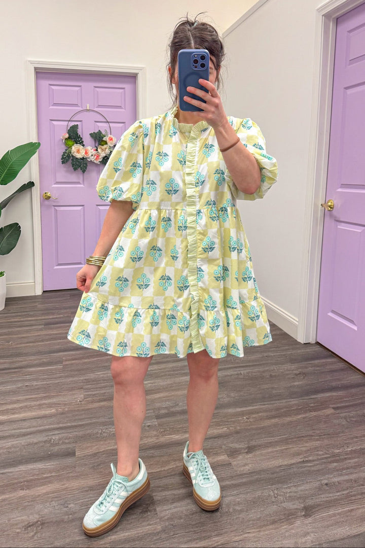 chartreuse mint floral print ruffle collar knee length dress