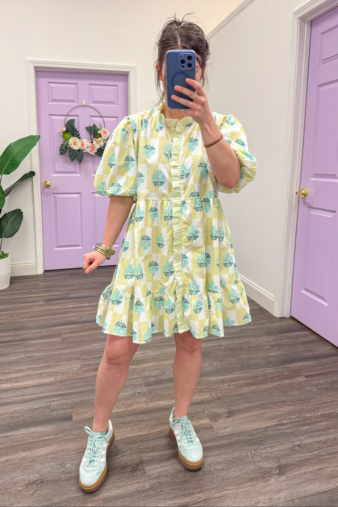 chartreuse mint floral print puff sleeve knee length dress