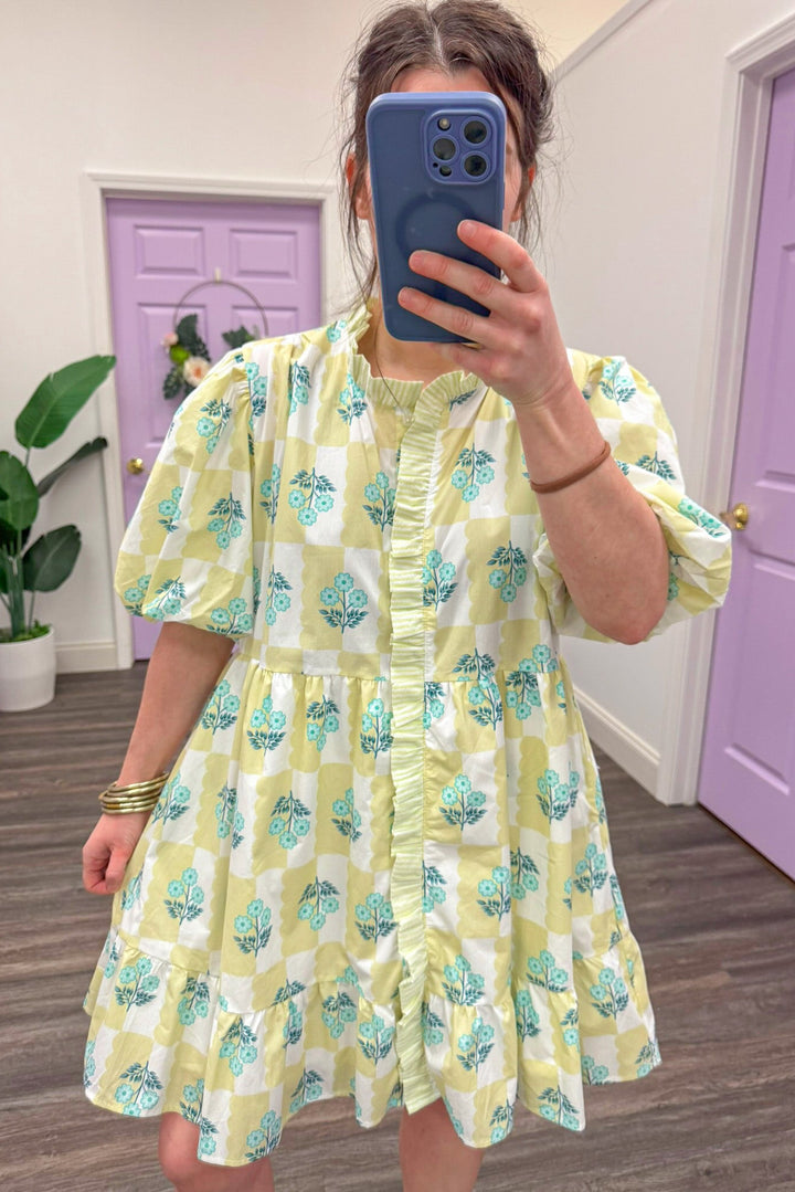 chartreuse mint floral print puff sleeve knee length dress up close