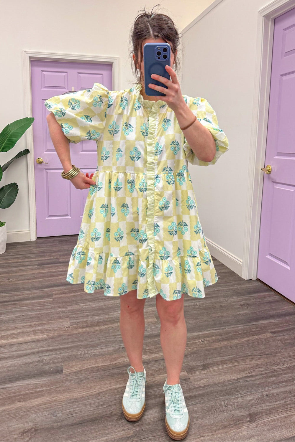 chartreuse mint checkered puff sleeve knee length dress