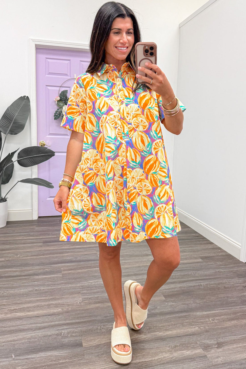 yellow purple green pink and orange large citrus print button front short dress