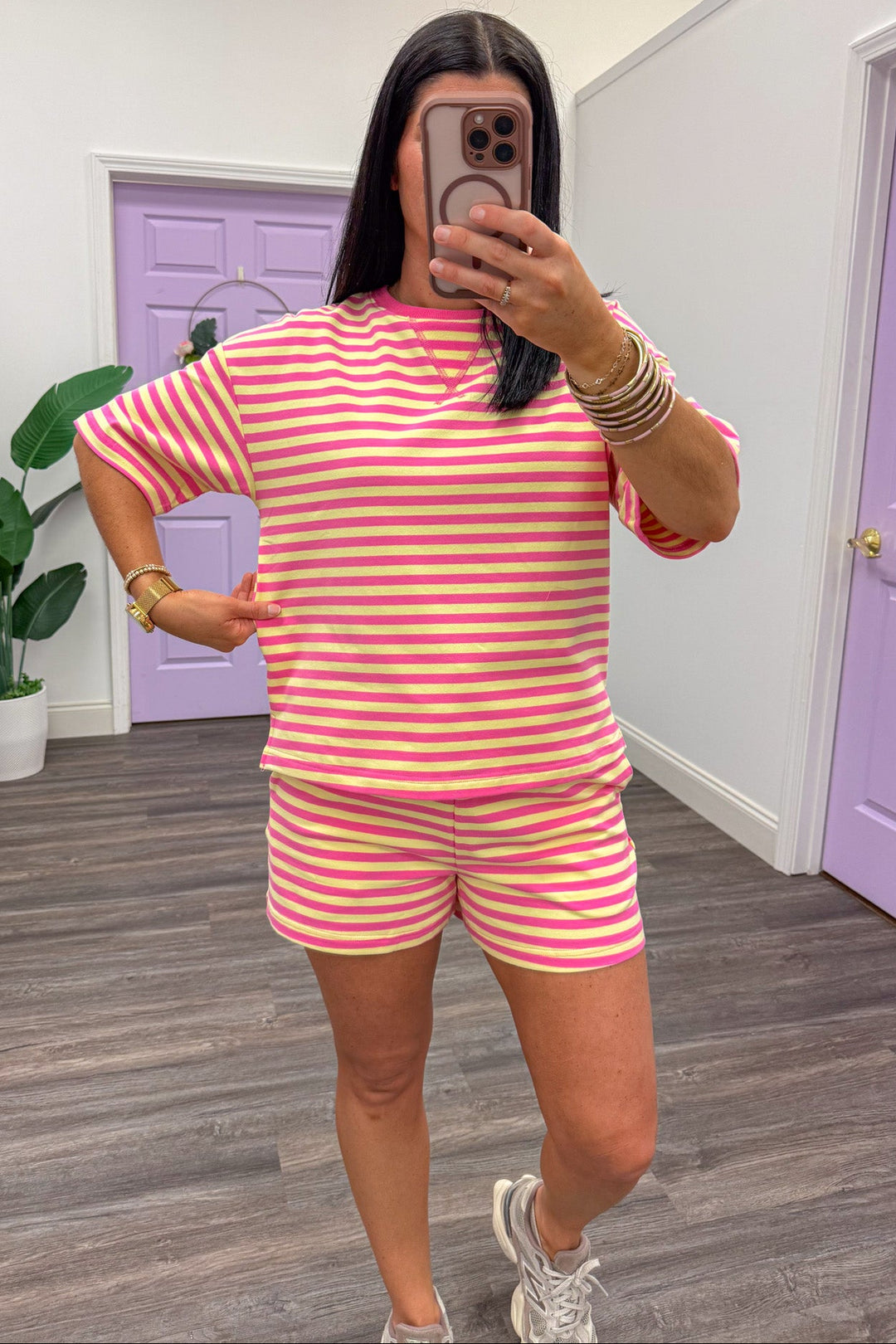 pink and yellow striped terry knit relaxed fit shorts set
