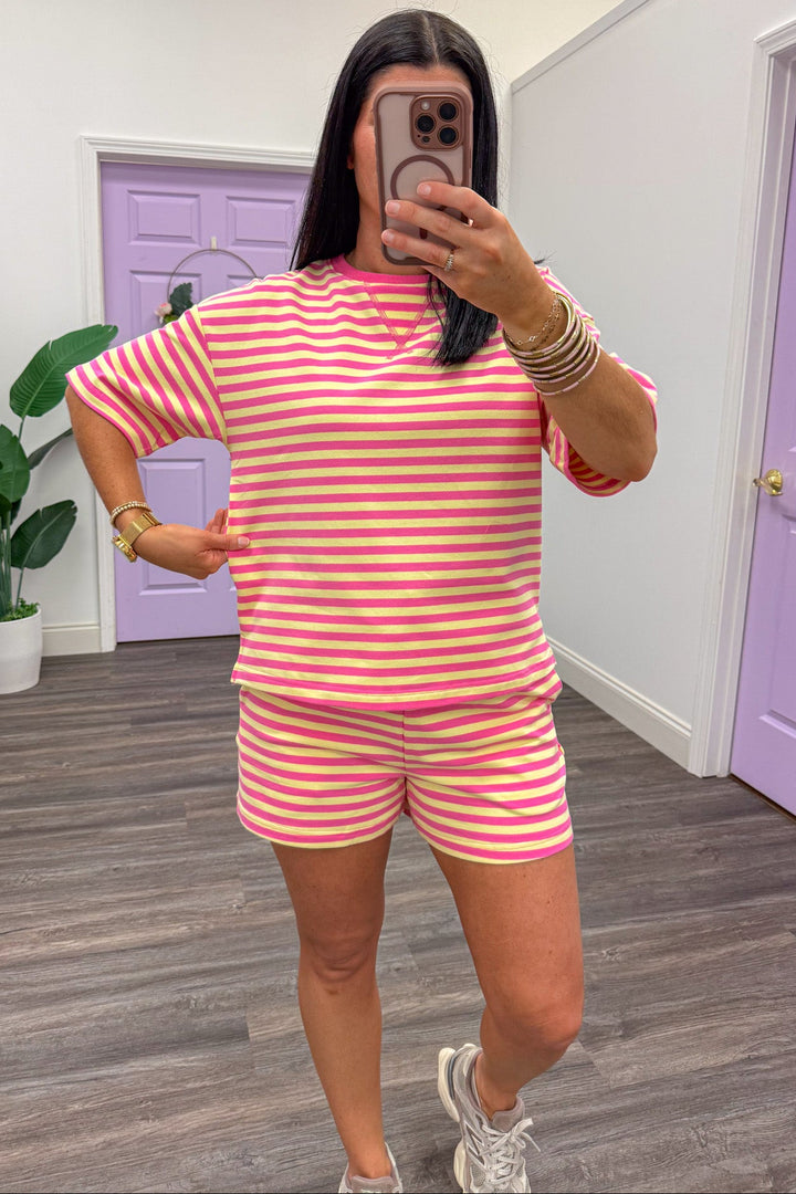 pink and yellow striped terry knit relaxed fit shorts set