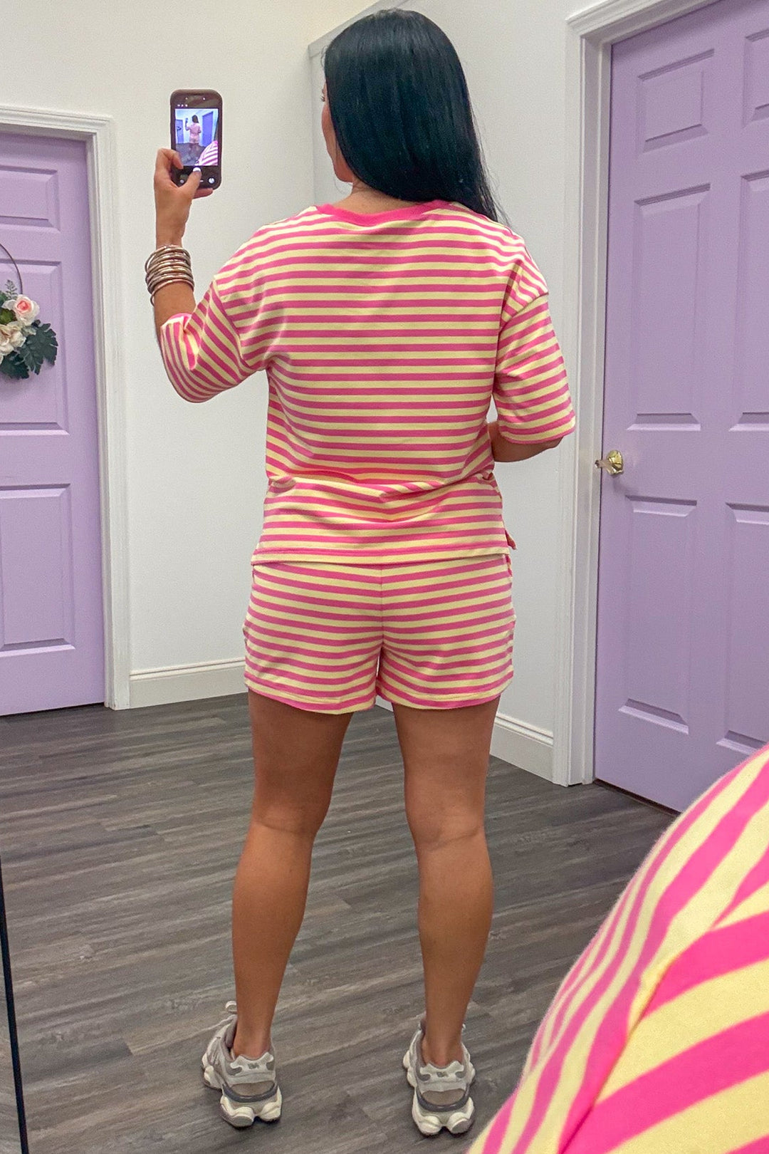 pink and yellow striped terry knit athleisure shorts set back view