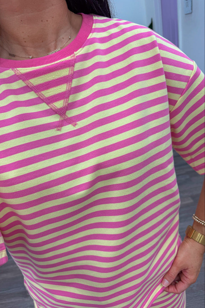 pink and yellow striped knit shorts set ribbed crewneck v stitch detail