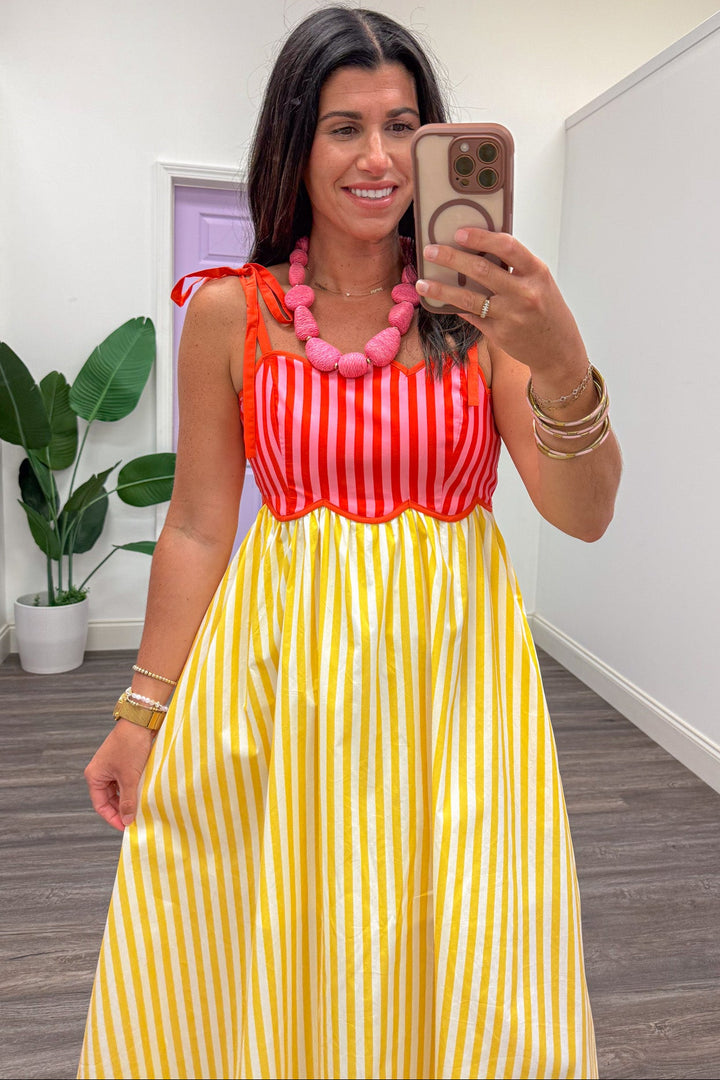 yellow cream coral and pink vertical striped sleeveless square neckline midi dress
