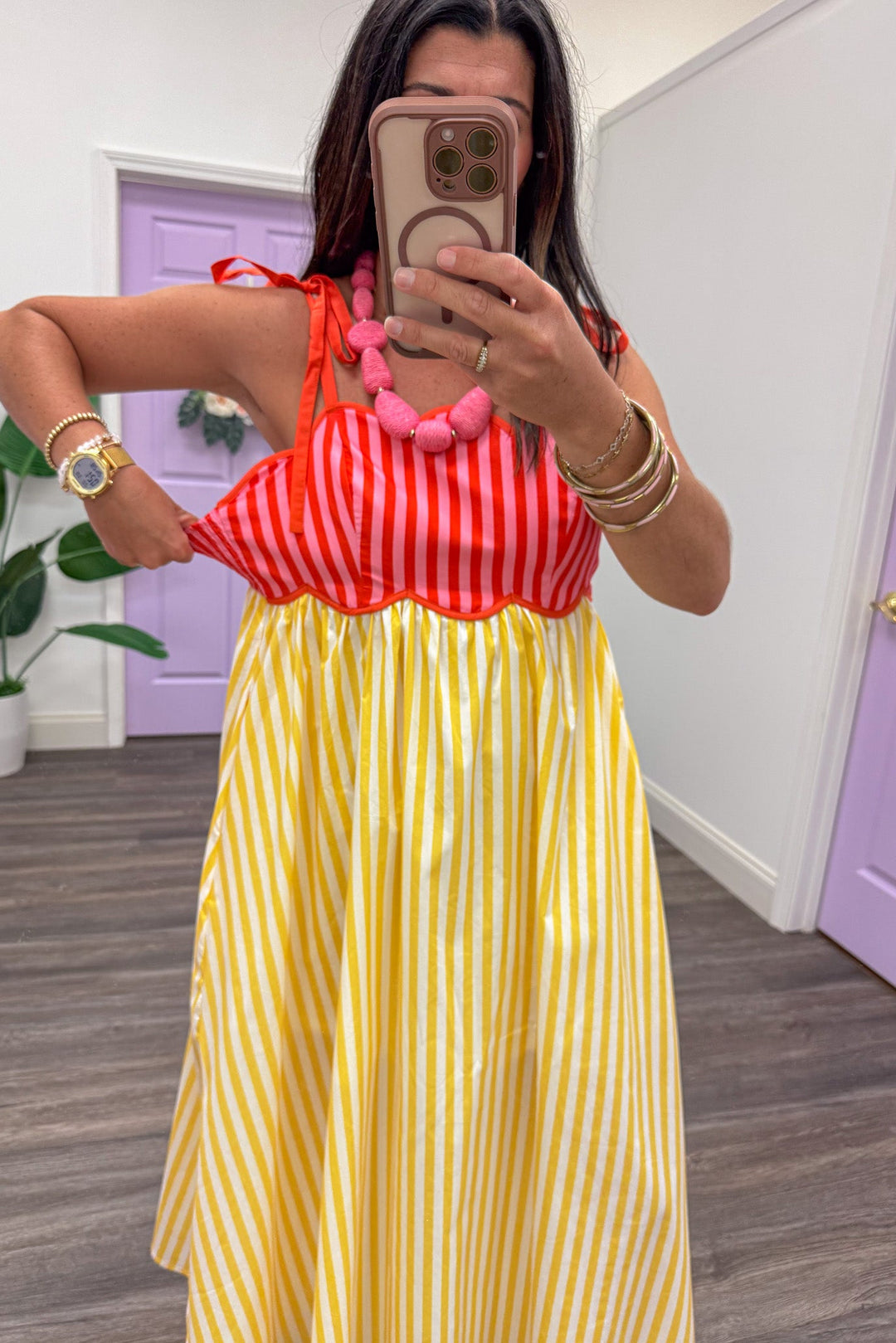 yellow and pink vertical striped sleeveless spaghetti strap midi dress