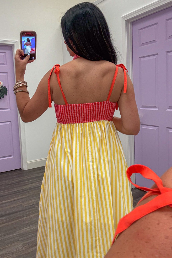 yellow and pink vertical striped sleeveless scallop trim details midi dress