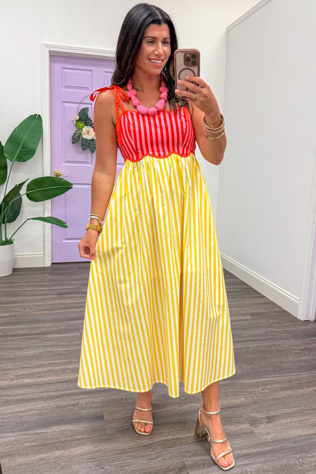 yellow cream coral and pink vertical striped sleeveless midi dress
